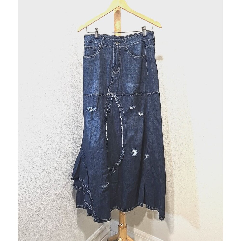 NWT Y2K Chartou Denim Maxi Skirt Sz 28 Boho Western Patch Flared Ruffle Raw Hem